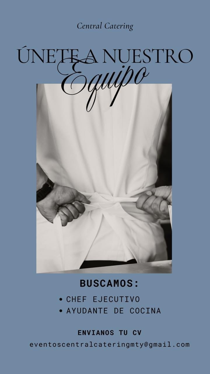 Cartel de reclutamiento de Central Catering buscando Chef Ejecutivo y Ayudante de Cocina, con un chef en uniforme blanco